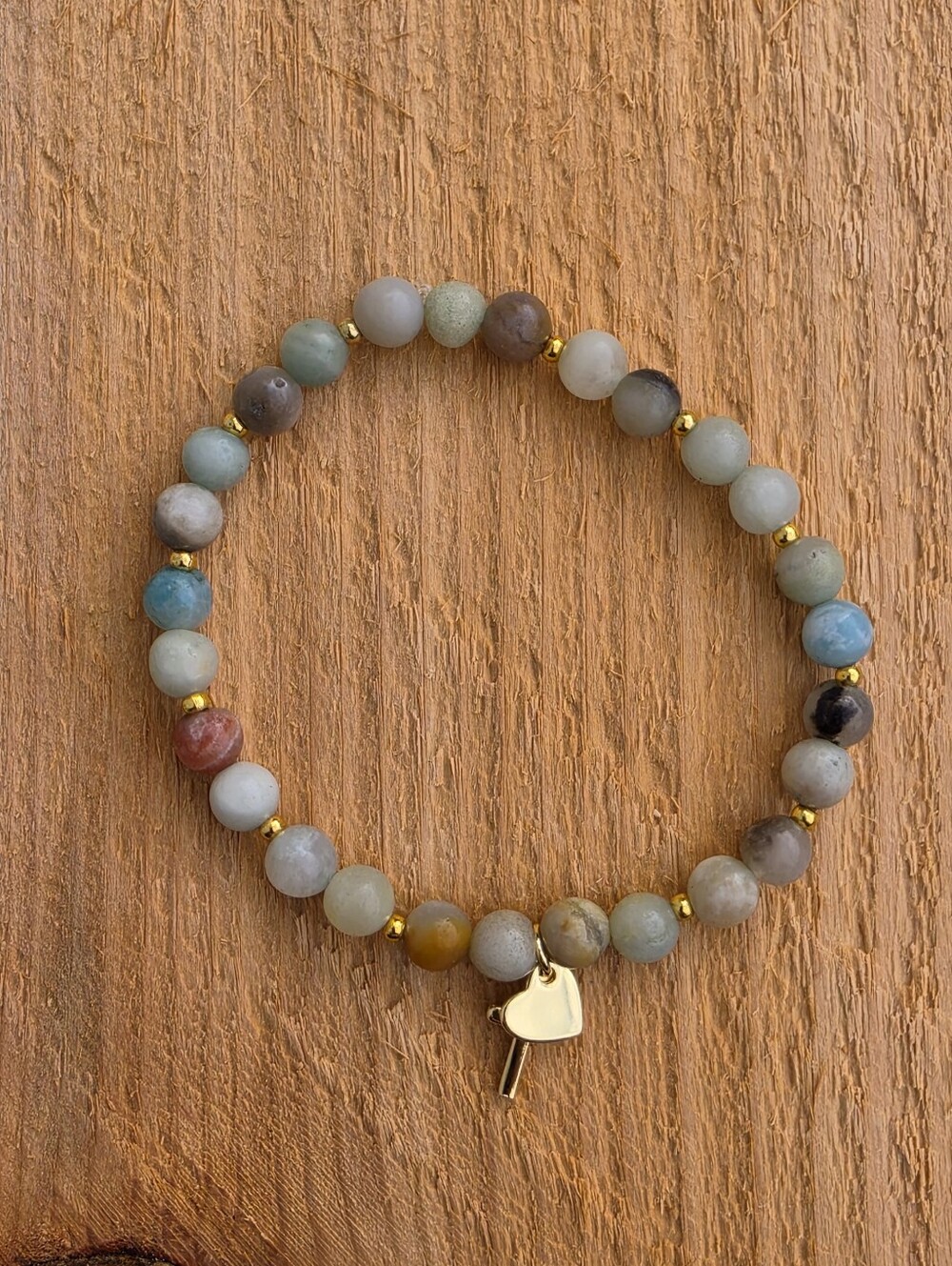 Amazonite Beaded Bracelet with 18K Gold Plated Heart Cross Charm